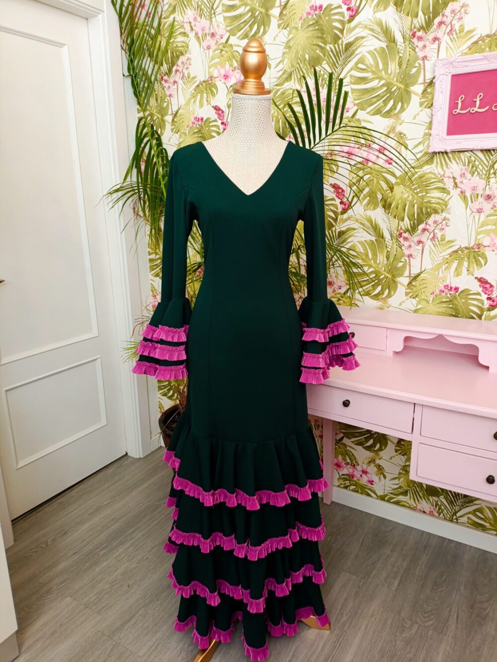 Vestido Carruchas Verde Botella y Buganvilla T1 - Imagen 2