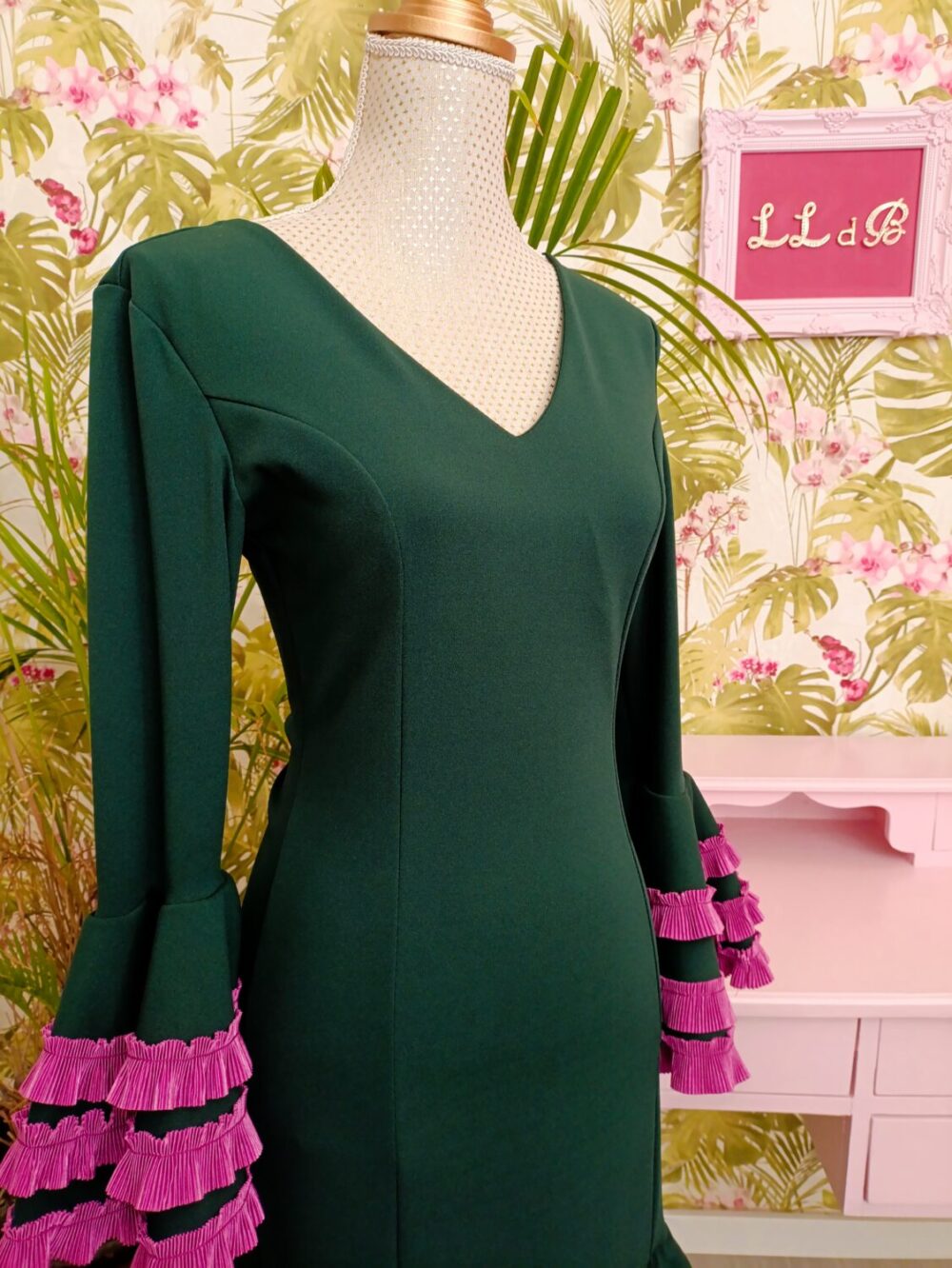 Vestido Carruchas Verde Botella y Buganvilla T1 - Imagen 3